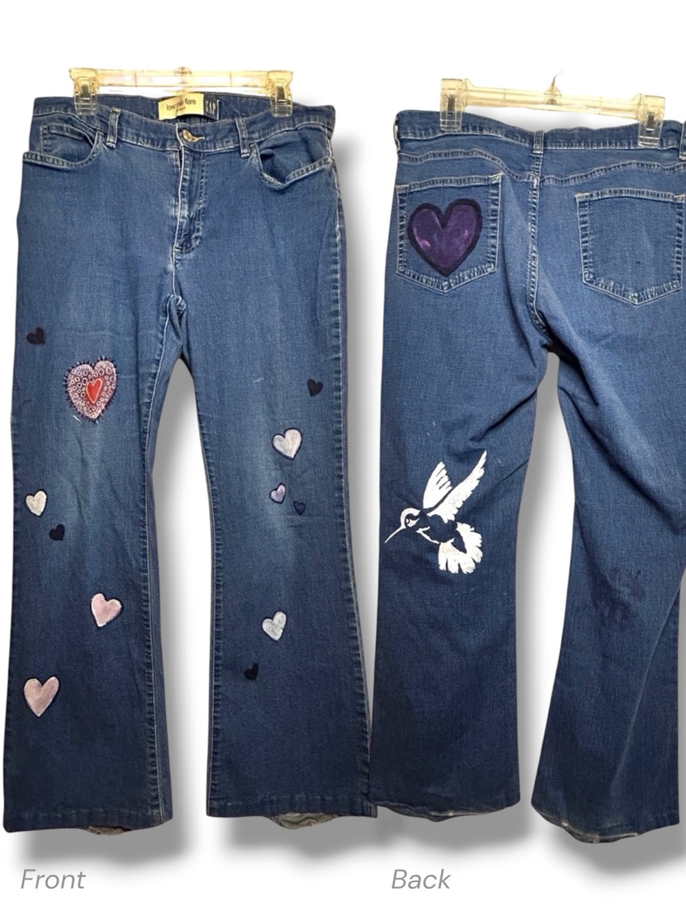Upcycled Heart & Hummingbird Flare Medium Denim Painted Boho Artist Jeans Gap 12